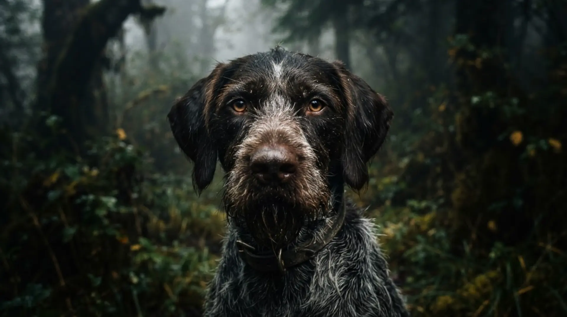 Working pointer in nordic forest at dawn