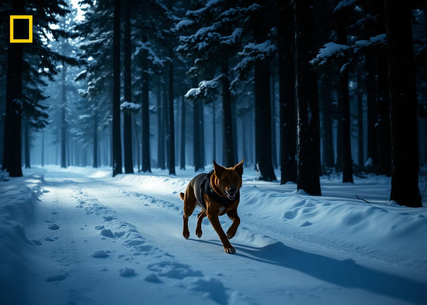 Working dog in snowy forest